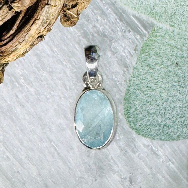 Aquamarine Pendants - #1 Oval Faceted Double Bezel Set - Sterling Silver