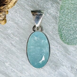 Aquamarine Pendants - #2 Oval Faceted Bezel Set - Sterling Silver