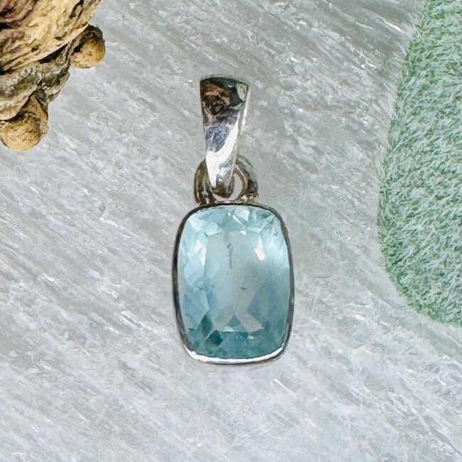 Aquamarine Pendants - Cushion Cut Rectangle Faceted Bezel Set - Sterling Silver