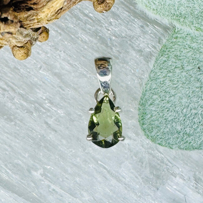 Moldavite Pendants- Teardrop Pear Faceted Claw Prong Set - Sterling Silver