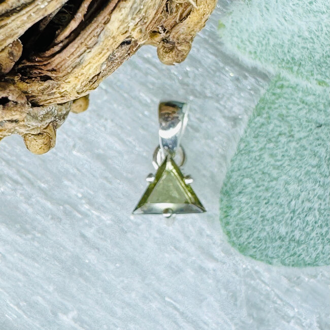 Moldavite Pendants - Triangle Trillant Faceted Prong Claw Set - Sterling Silver