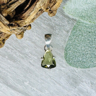 Moldavite Pendants - Triangle (Large) Trilliant Faceted Claw Prong Set - Sterling Silver