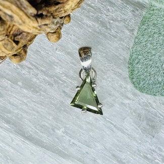 Moldavite Pendants - Obtuse Triangle Faceted Claw Prong Set - Sterling Silver