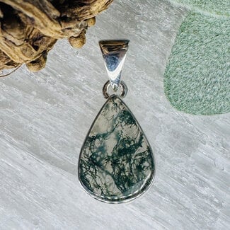 Moss Agate Pendants - Teardrop Pear (Large) Bezel Set - Sterling Silver