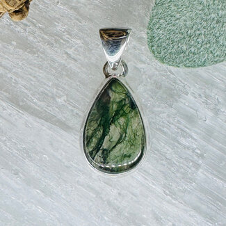 Moss Agate Pendants - Teardrop Pear Double Bezel Set - Sterling Silver