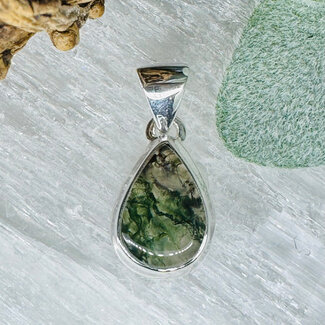 Moss Agate Pendants - Teardrop Pear Double Bezel Set - Sterling Silver