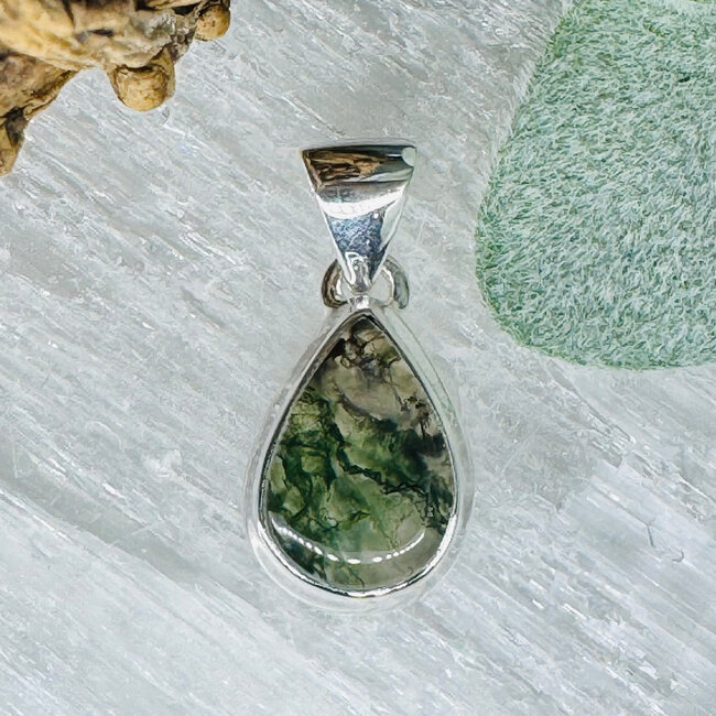 Moss Agate Pendants - Teardrop Pear Double Bezel Set - Sterling Silver