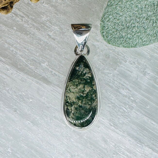 Moss Agate Pendants - Teardrop Pear (Tall) Double Bezel Set - Sterling Silver