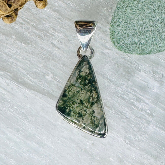 Moss Agate Pendants - Obtuse Triangle Bezel Set - Sterling Silver
