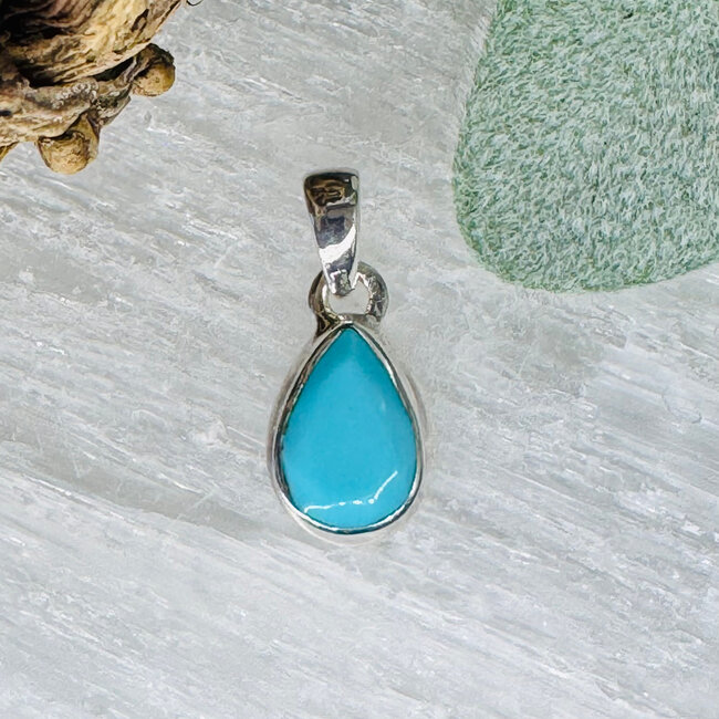 Natural Turquoise Pendant - Teardrop Pear Double Bezel Set-  Sterling Silver