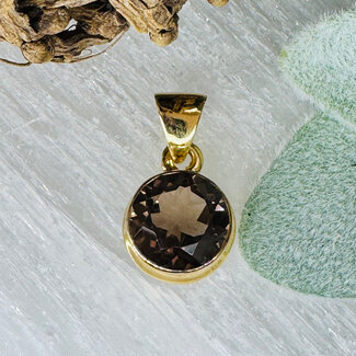 Smoky (Smokey) Quartz Pendants - Round Circle Faceted Double Bezel Set - 18k Gold Plated over Sterling Silver