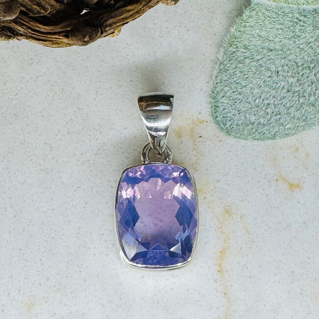 Lavender Purple Quartz Pendants - Rectangle Faceted Bezel Set - Sterling Silver