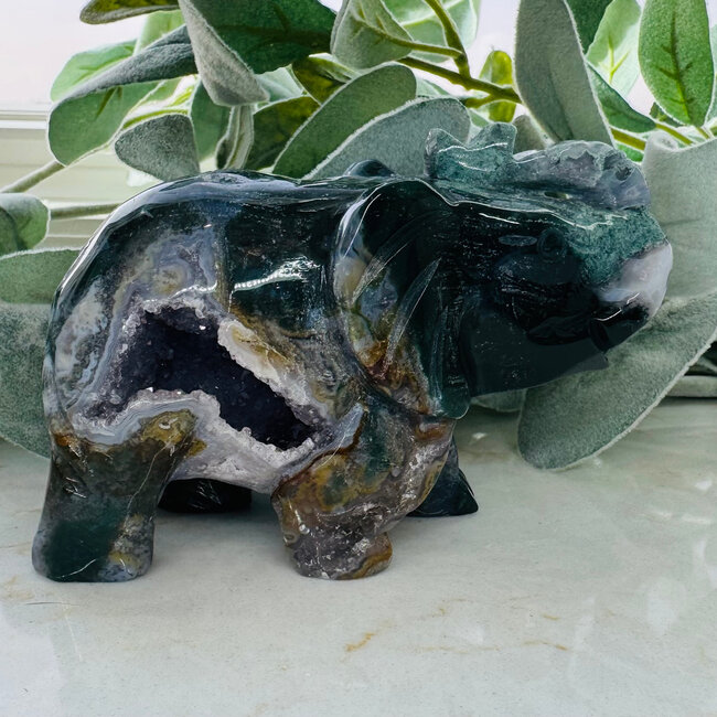 Moss Agate & Amethyst Elephant - Druzy 4.5" Specimen Carving Figurine