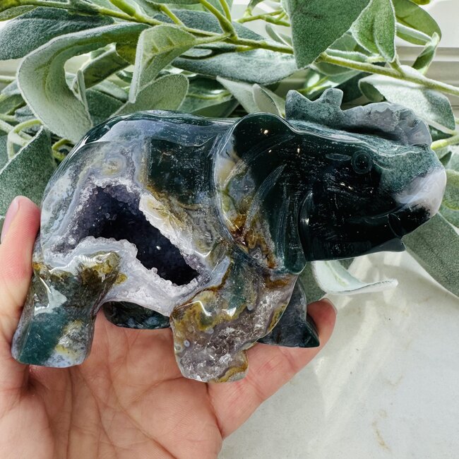 Moss Agate & Amethyst Elephant - Druzy 4.5" Specimen Carving Figurine