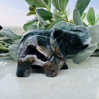 Moss Agate & Amethyst Elephant - Druzy 4.5" Specimen Carving Figurine