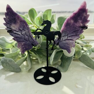Lepidolite Unicorn Wings on Black Stand Pin - 7.5"x7.5" Specimen Carving Figurine