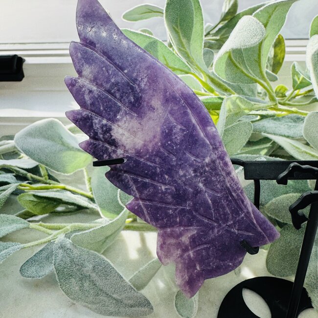 Lepidolite Unicorn Wings on Black Stand Pin - 7.5"x7.5" Specimen Carving Figurine