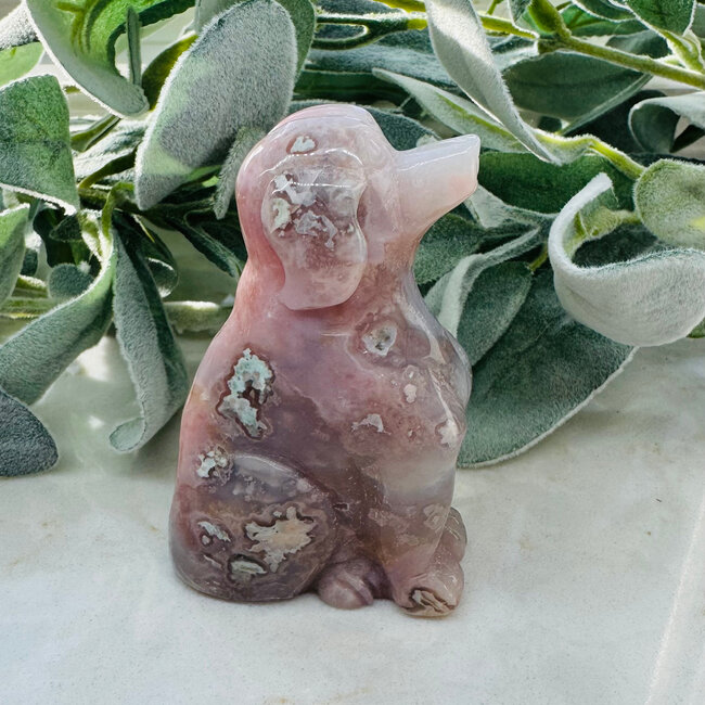 Flower (Cherry Blossom) Agate Dog - 4" Figurine Carving