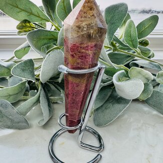 Rhodonite Faceted Wand on Silver Stand Pin - 6" Specimen Carving