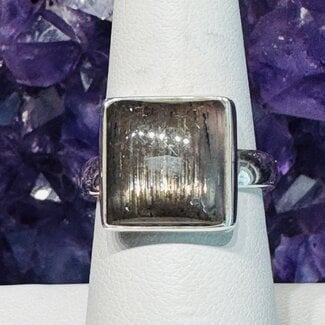 Black Sunstone Ring - Size 8 Square Bezel Set - Sterling Silver
