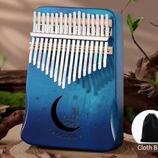 17 Key Kalimba Finger Piano (Blue) Maple - Engraved Cat on the Moon with Stars - Hluru Musical Instrument, Solid Maple Wood