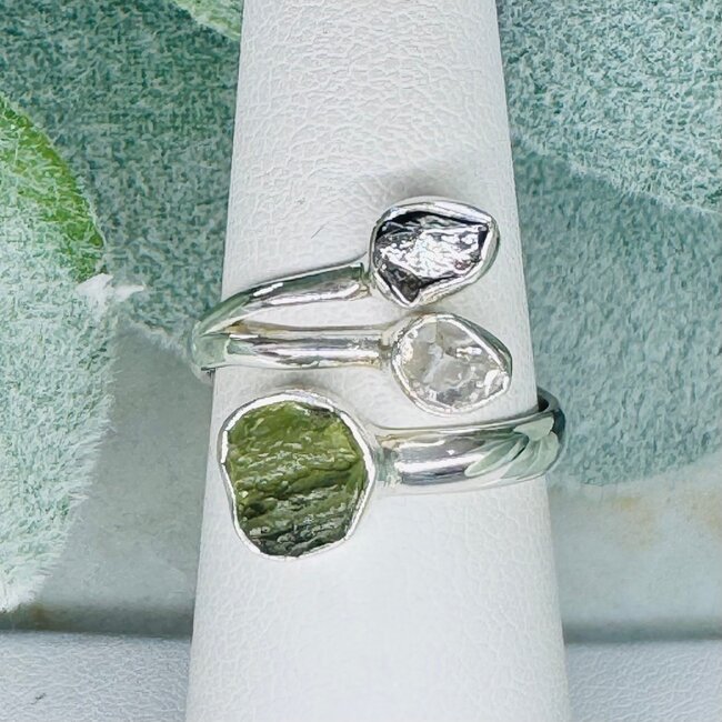Moldavite Meteorite & Herkimer Diamond Rings - Size 6 Bezel Set Rough Raw Natural - Sterling Silver Campo Del Cielo