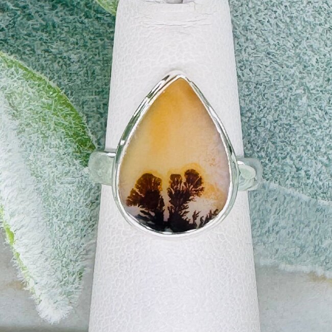 Dendritic (Dendrite Scenic Landscape) Agate Rings - Size 5 Teardrop Pear Bezel Set - Sterling Silver