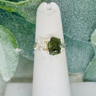 Moldavite & Herkimer Diamond Rings - Size 5 Rough Claw Prong Set - Sterling Silver Natural Raw