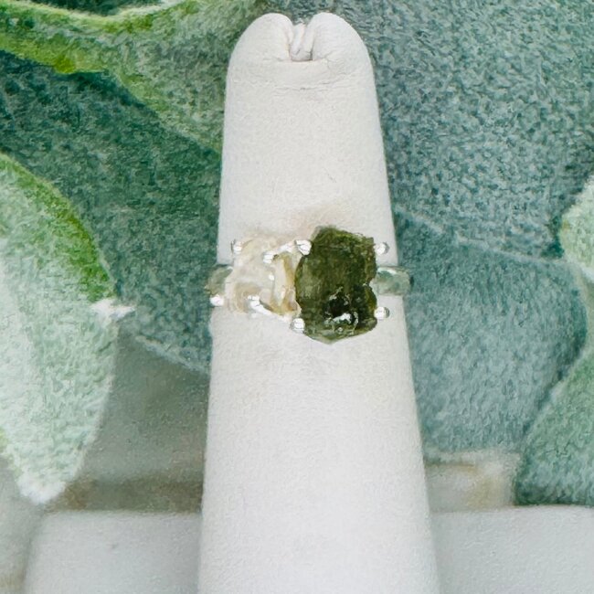 Moldavite & Herkimer Diamond Rings - Size 7 Rough Claw Prong Set - Sterling Silver Natural Raw