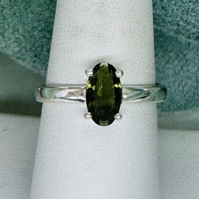 Moldavite Rings - Size 9 Oval Faceted - Claw Set Sterling Silver
