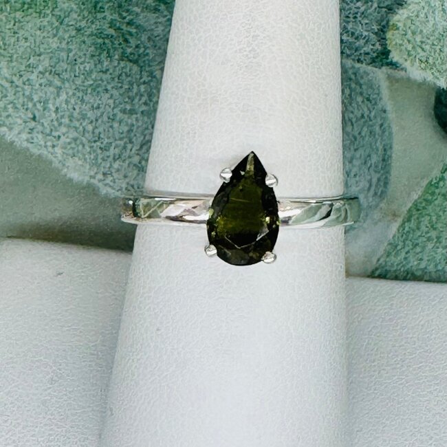 Moldavite Rings - Size 9 Teardrop Pear Faceted - Claw Set Sterling Silver