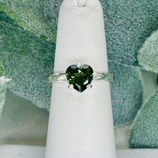 Moldavite Rings - Size 10 Heart Faceted - Claw Set Sterling Silver