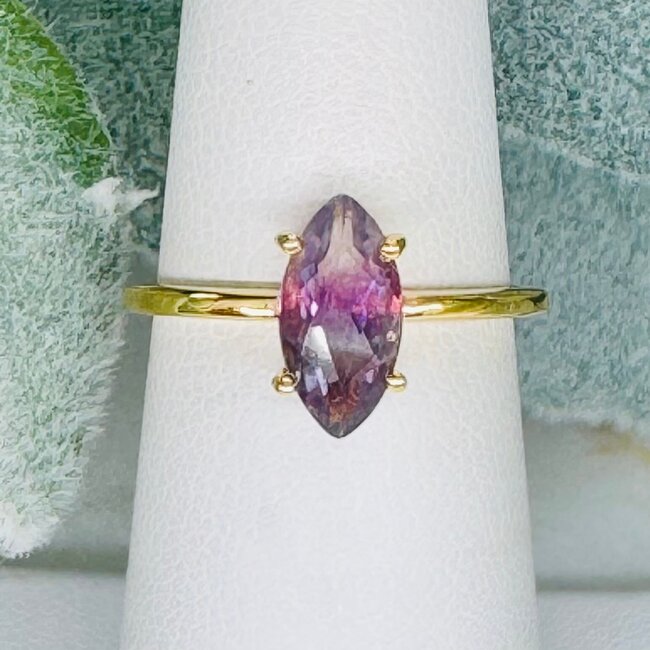 Rainbow Fluorite Rings - Size 6 Marquise Faceted Claw Prong Set - 18k Gold Vermeil over Sterling Silver