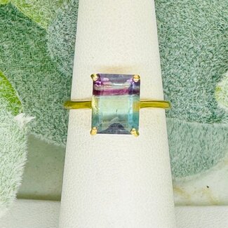 Rainbow Fluorite Rings - Size 5 Rectangle (Emerald Cut) Faceted Claw Prong Set - 18k Gold Vermeil over Sterling Silver