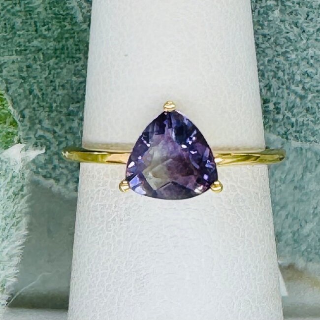 Rainbow Fluorite Rings - Size 6 Triangle (Trillant Cut) Faceted Claw Prong Set - 18k Gold Vermeil over Sterling Silver