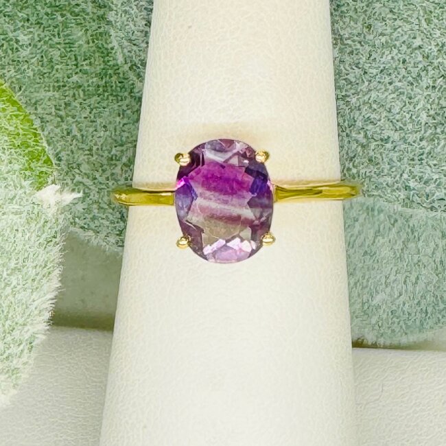 Rainbow Fluorite Rings - Size 7 Oval Faceted Claw Prong Set - 18k Gold Vermeil over Sterling Silver
