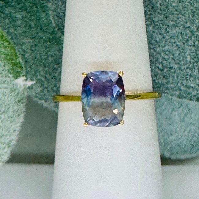 Rainbow Fluorite Rings - Size 7 Rectangle (Cushion Cut) Faceted Claw Prong Set - 18k Gold Vermeil over Sterling Silver