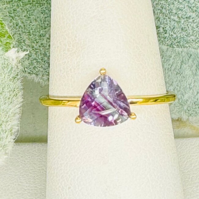 Rainbow Fluorite Rings - Size 8 Triangle (Trillant Cut) Faceted Claw Prong Set - 18k Gold Vermeil over Sterling Silver