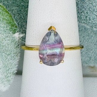 Rainbow Fluorite Rings - Size 7 Teardrop Pear Faceted Claw Prong Set - 18k Gold Vermeil over Sterling Silver