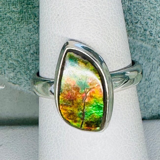 Ammolite Rings - Size 7 Natural Wave Bezel Set - Sterling Silver