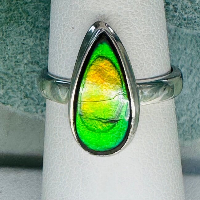 Ammolite Rings - Size 5 Teardrop Pear Bezel Set - Sterling Silver