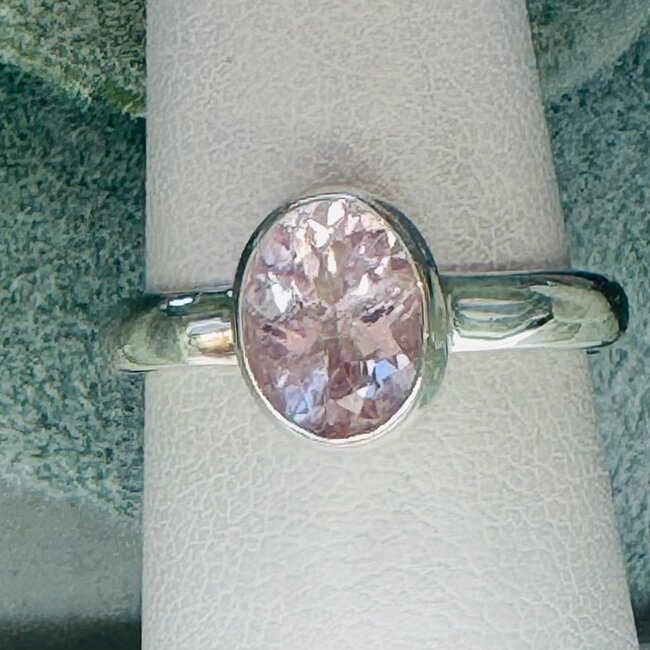 Pink Morganite Rings - Size 10 Oval Faceted Bezel Set - Sterling Silver
