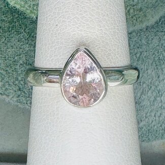 Pink Morganite Rings - Size 5 Teardrop Pear Faceted Bezel Set - Sterling Silver