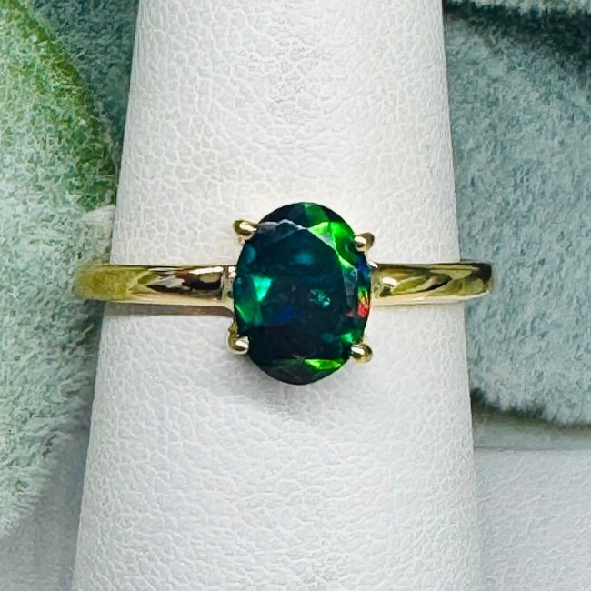 Black Opal Rings - Size 5 Oval Faceted Claw Prong Set - 18k Gold Vermeil on Sterling Silver