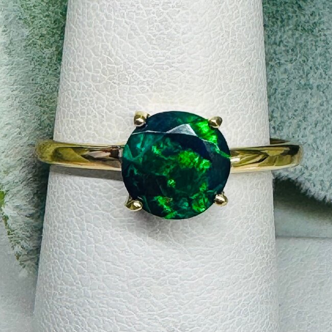 Black Opal Rings - Size 9 Round Circle Faceted Claw Prong Set - 18k Gold Vermeil on Sterling Silver