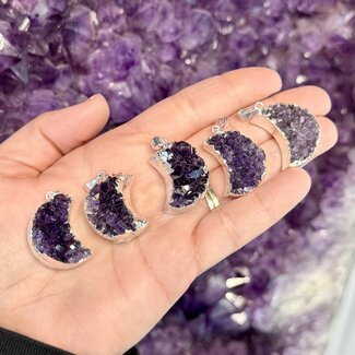 Amethyst Pendants - Druzy Crescent Moon - Silver Plated Rough Raw Natural