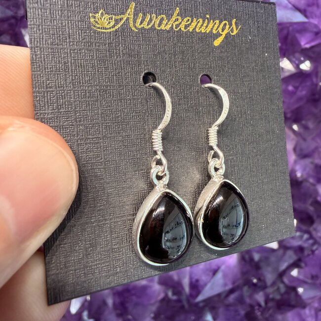 Whitby Jet Teardrop Drop Earrings - Sterling Silver