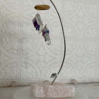 Amethyst, Clear Quartz, & Blue Kyanite Point on Rose Quartz Slab Desk Chime  - 8"