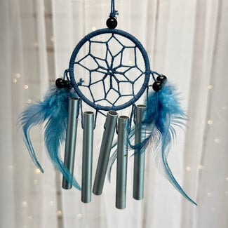 Dreamcatcher Dream Catcher - Blue with Blue Feathers & 5 Metal Chimes - 8" Handwoven Windchime Wind Chime Bells