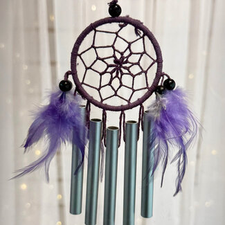 Dreamcatcher Dream Catcher - Purple with Purple Feathers & 5 Metal Chimes - 8" Handwoven Windchime Wind Chime Bells
